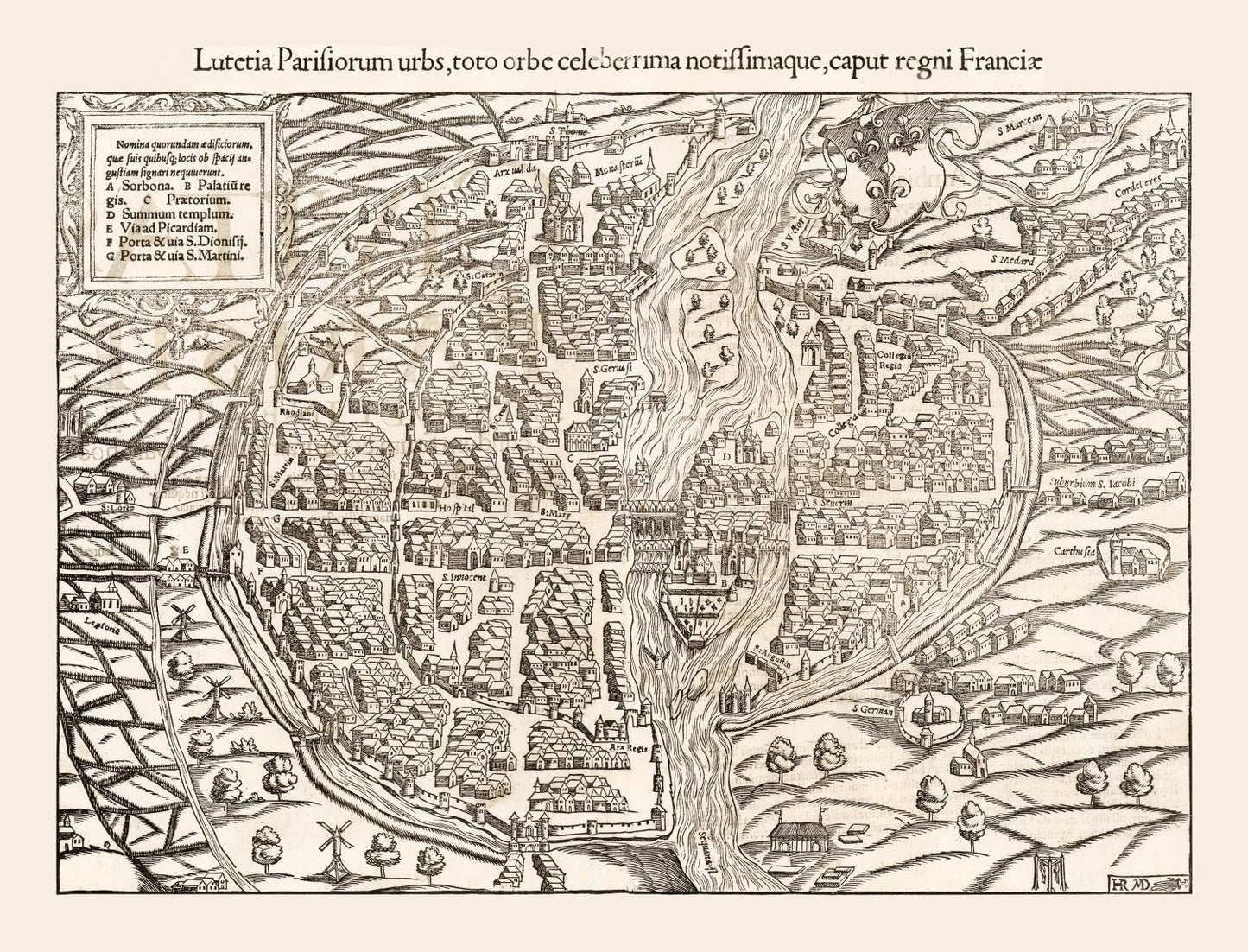 Vintage Map of Paris, France 1550 — Antique Renaissance Era City Print