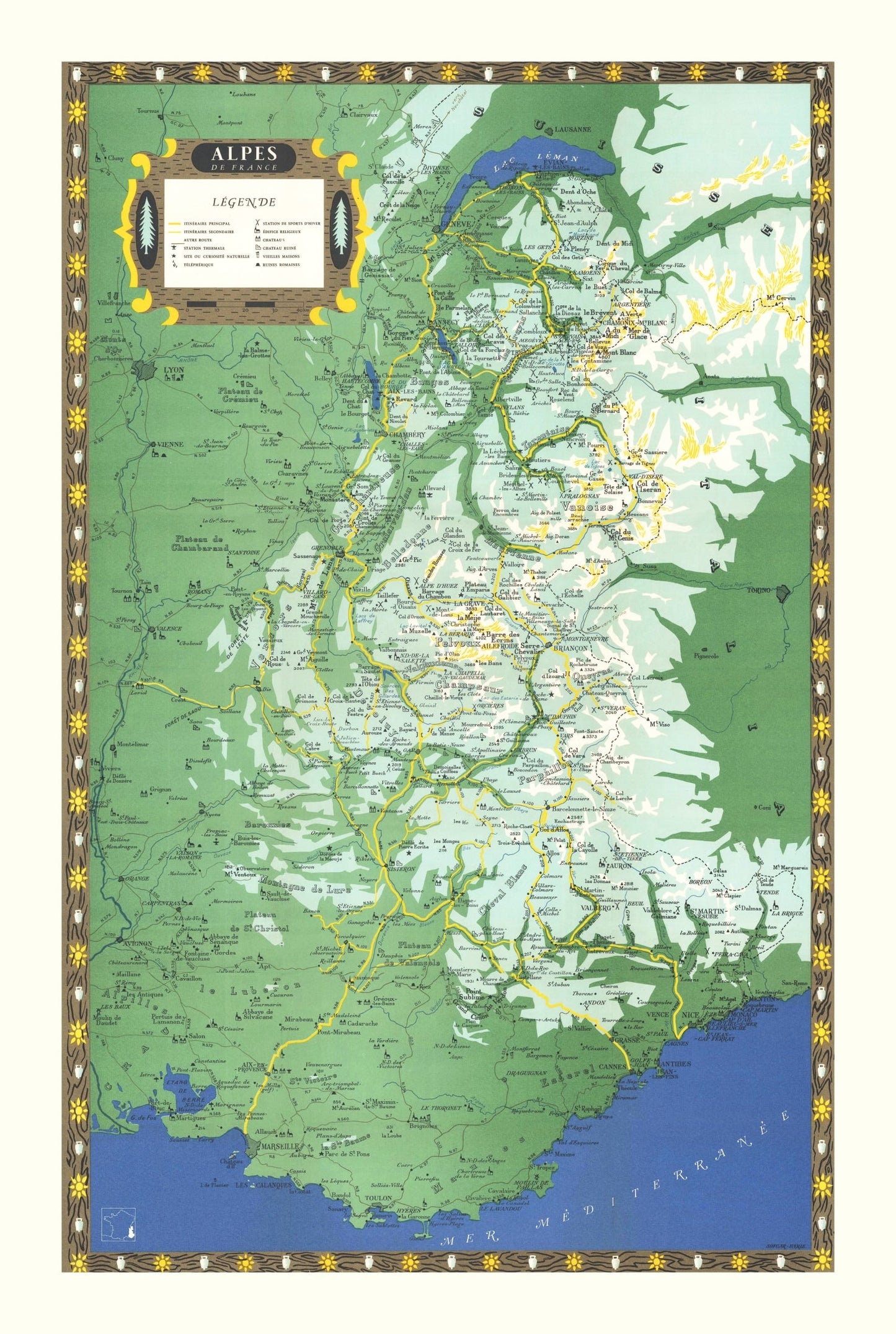 Vintage French Alps Map 1950 — Antique France Mountain Art Print