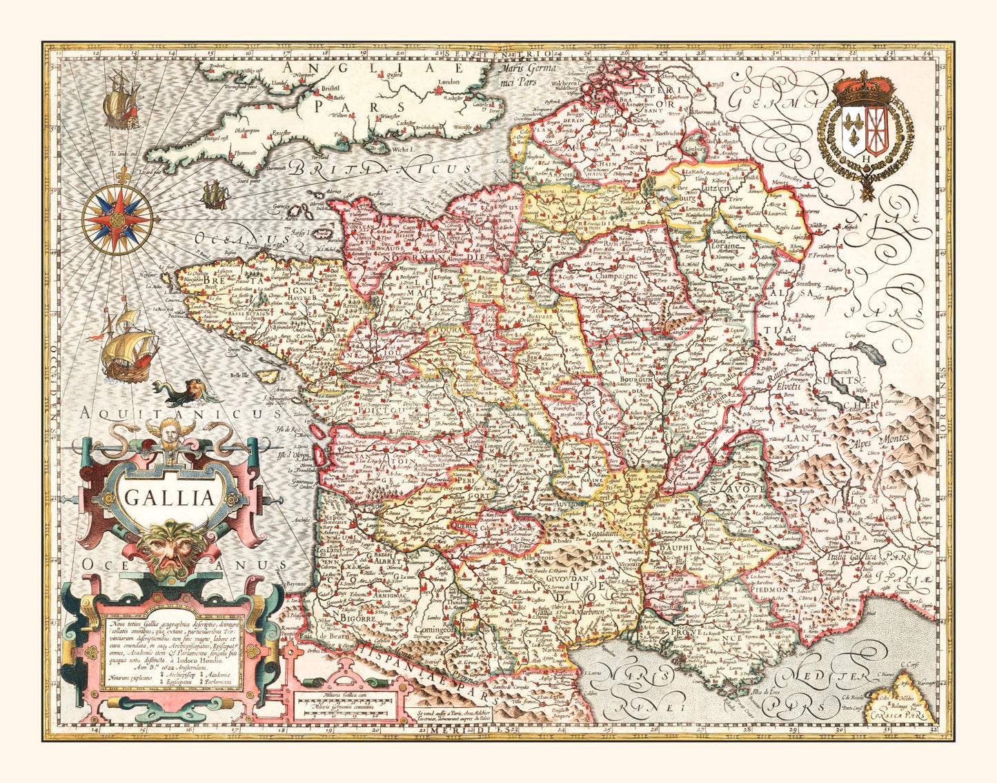 Vintage Map of Gaule (Gaul) France 1623 — Antique 17th Century Print
