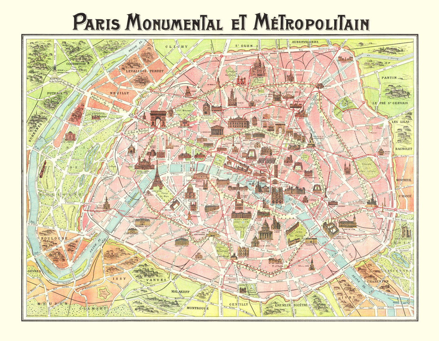 Vintage Map of Paris, France 1911