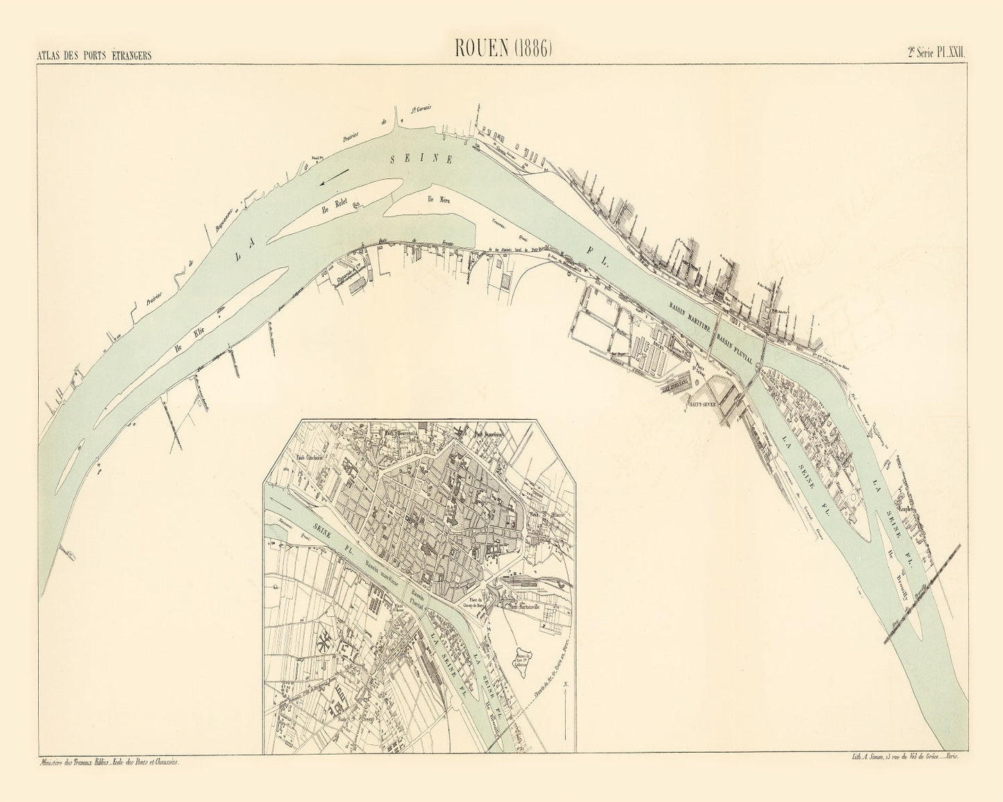 Vintage Map of Rouen, France 1886