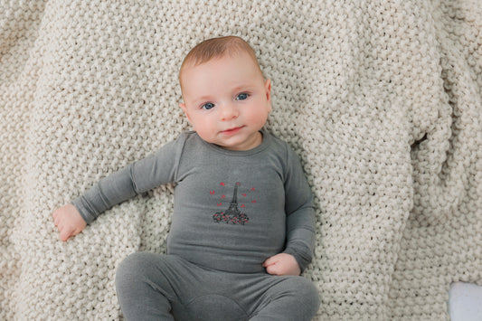 Eiffel Tower Print Baby Onesie in Pale Pink | French-Inspired Bodysuit