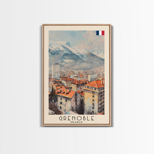 Framed artwork of Grenoble, France with a mountain view on a light gray background