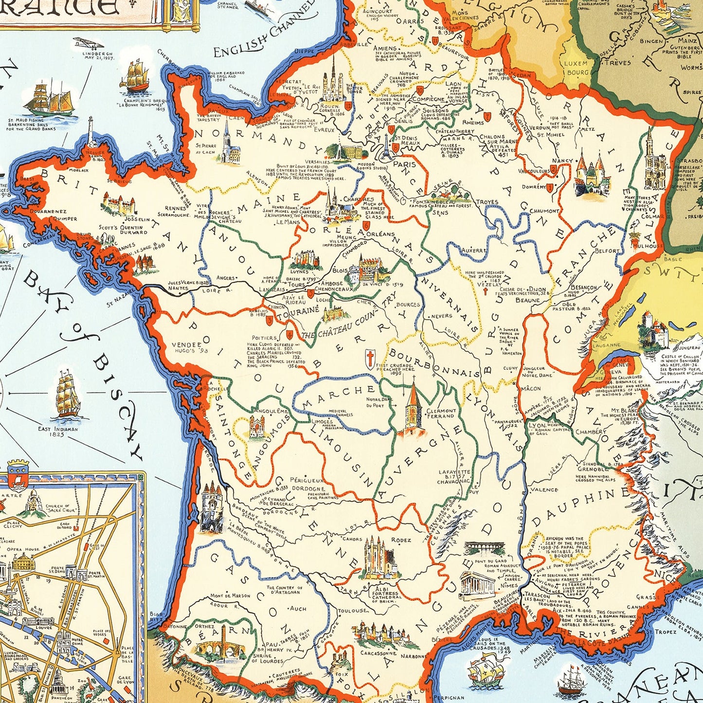 Vintage Map of France 1929 — Antique Art Déco Era Cartography Print