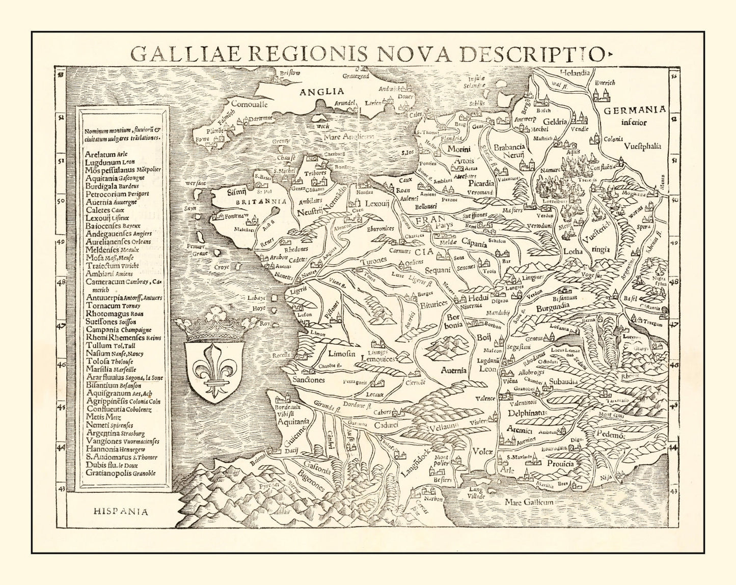 Vintage Map of France 1550 — Antique Renaissance Era Cartography Print