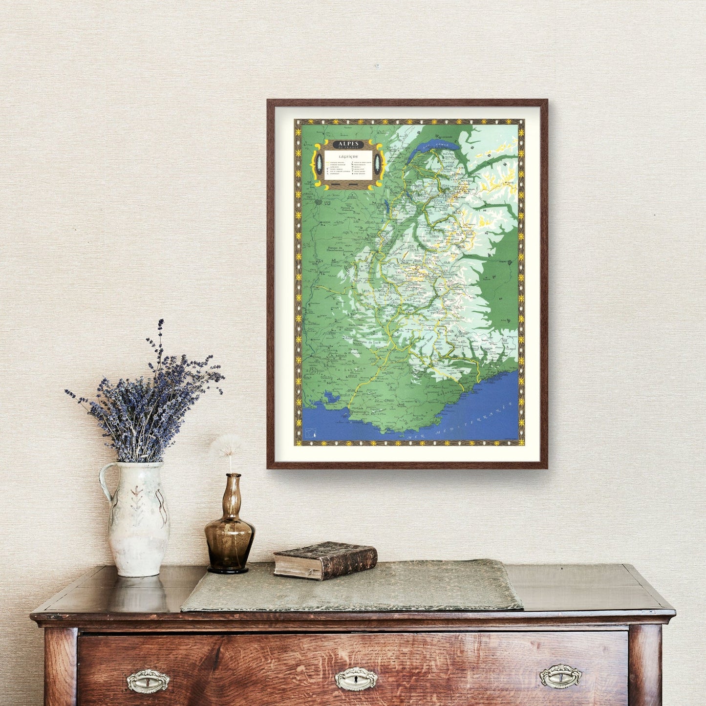 Vintage French Alps Map 1950 — Antique France Mountain Art Print
