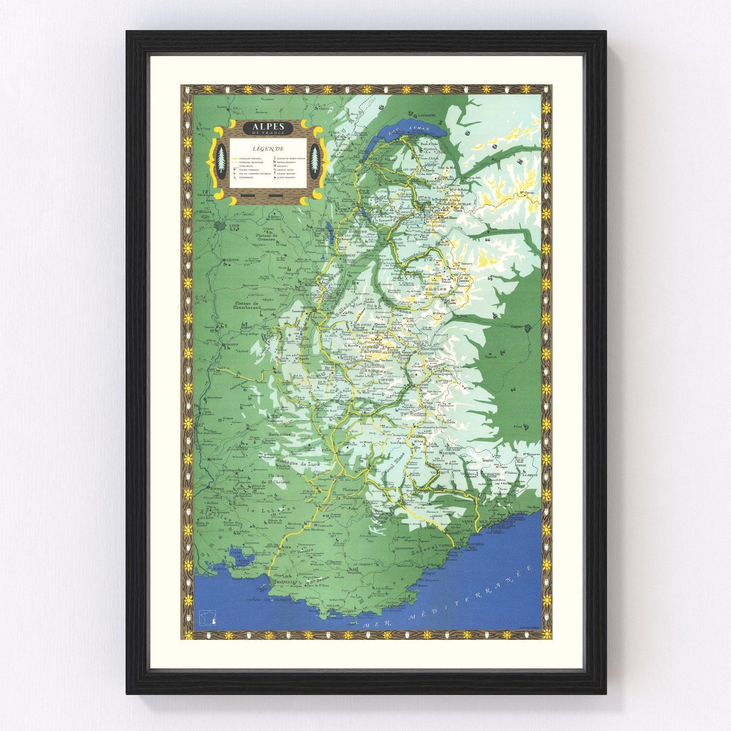 Vintage French Alps Map 1950 — Antique France Mountain Art Print