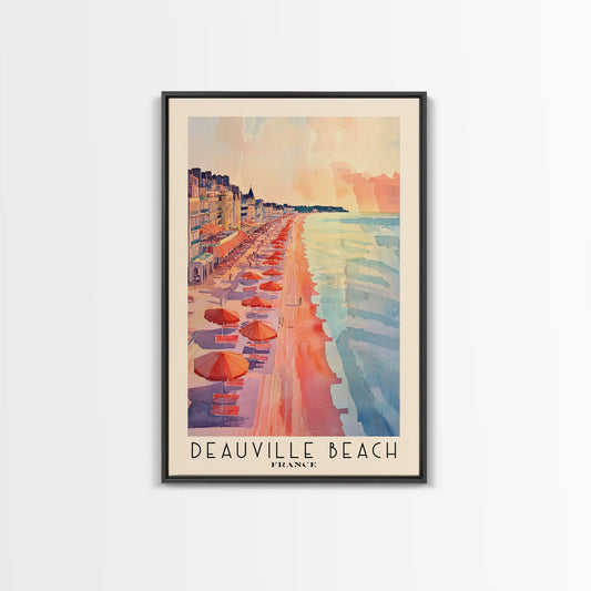 Deauville Beach, France Travel Poster Framed Canvas Print