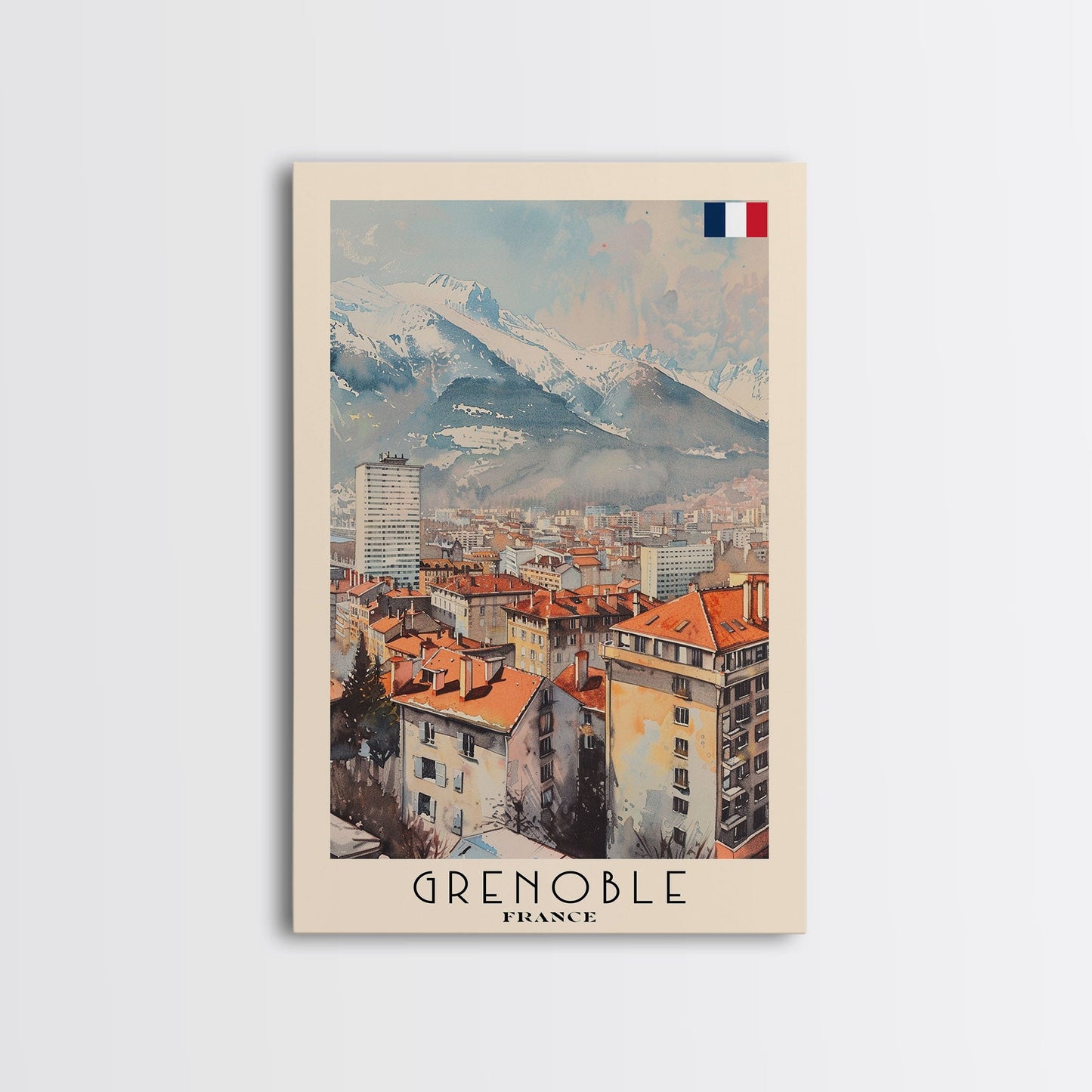 Grenoble France Mountain View Art, Framed Canvas Print