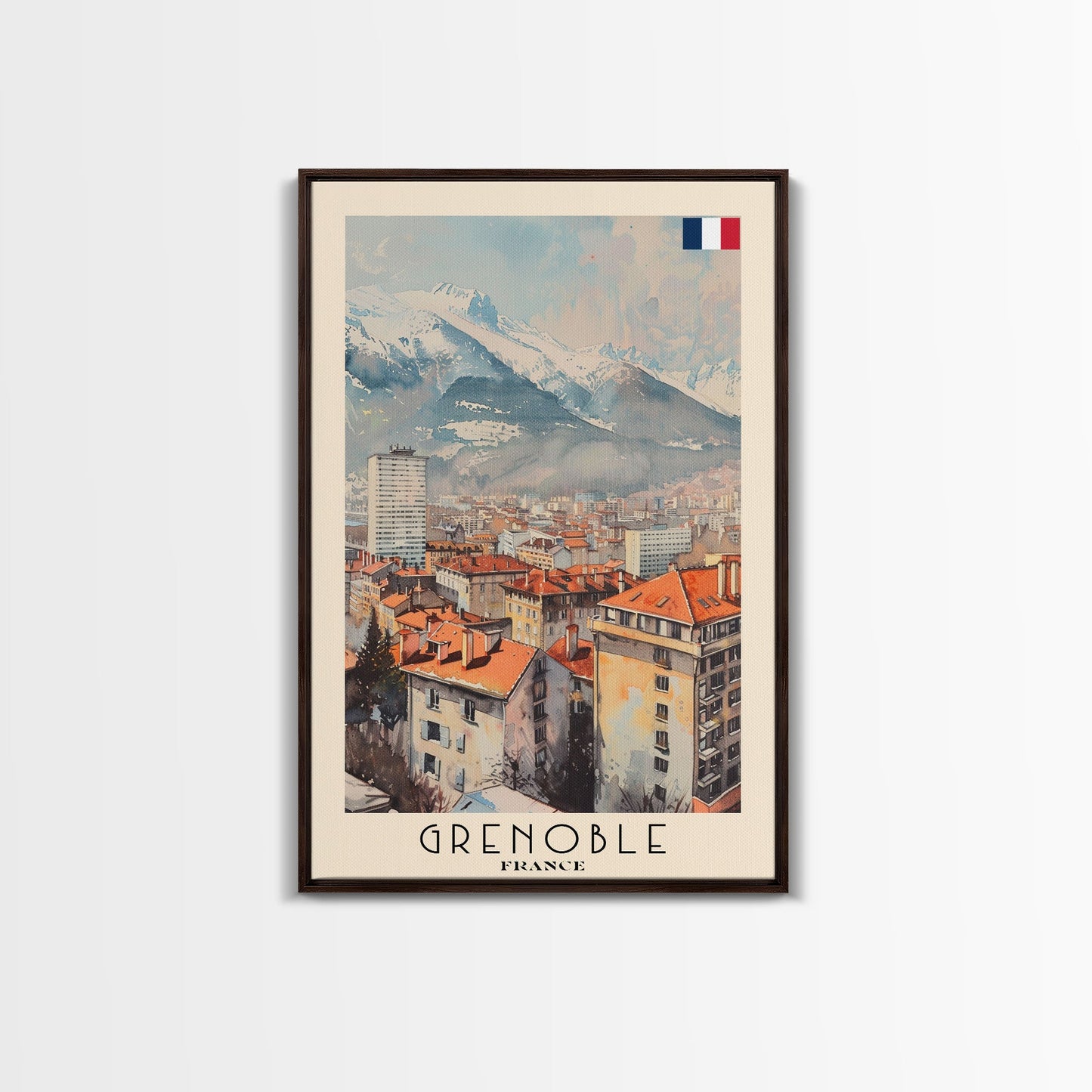 Grenoble France Mountain View Art, Framed Canvas Print