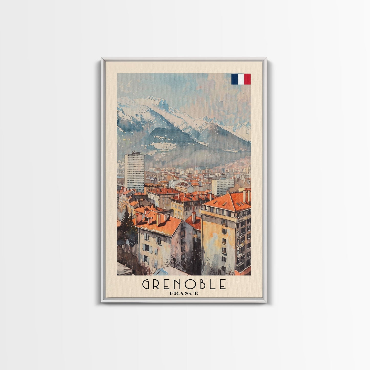 Grenoble France Mountain View Art, Framed Canvas Print