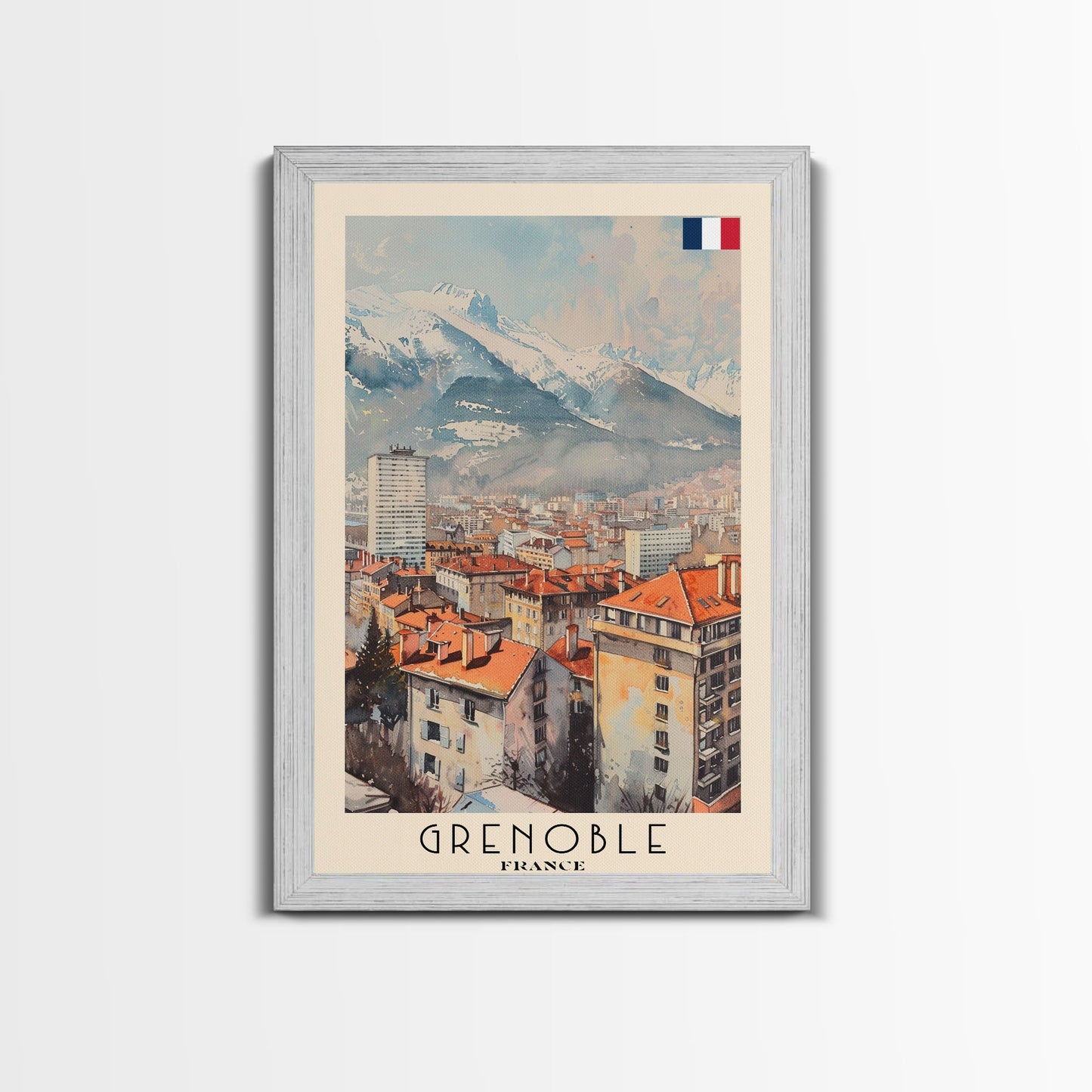 Grenoble France Mountain View Art, Framed Canvas Print
