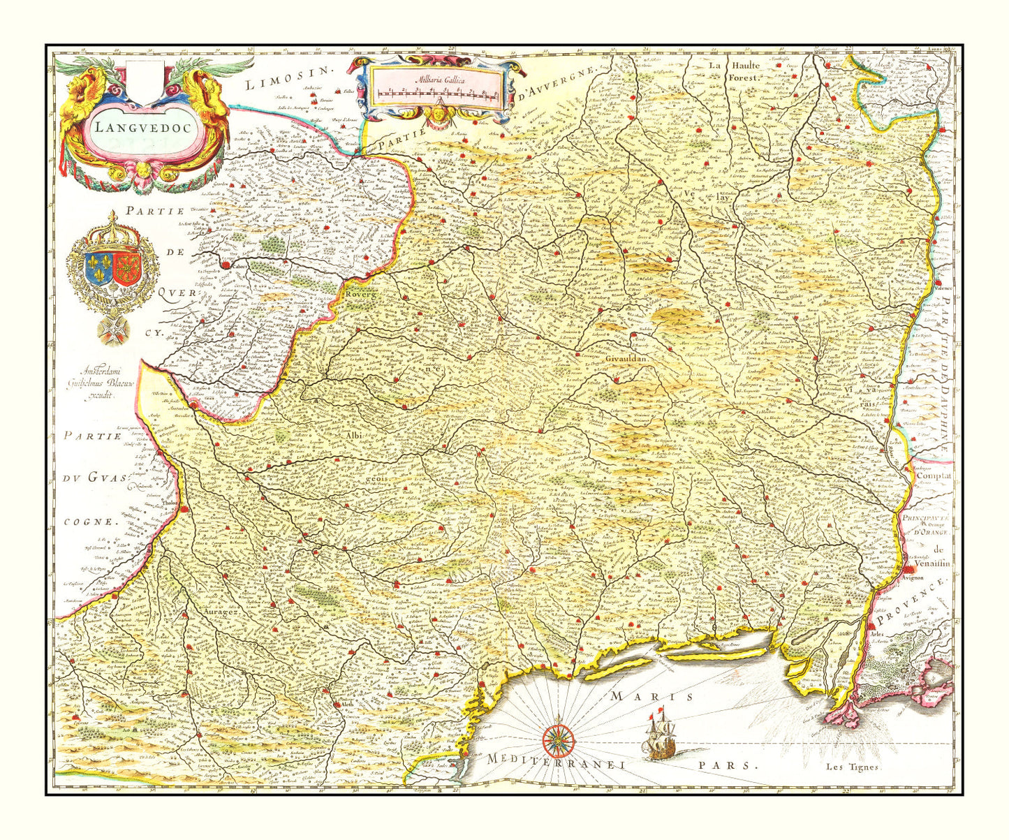 Vintage Map of Languedoc, France 1665 — Antique 17th Century Southern France Print