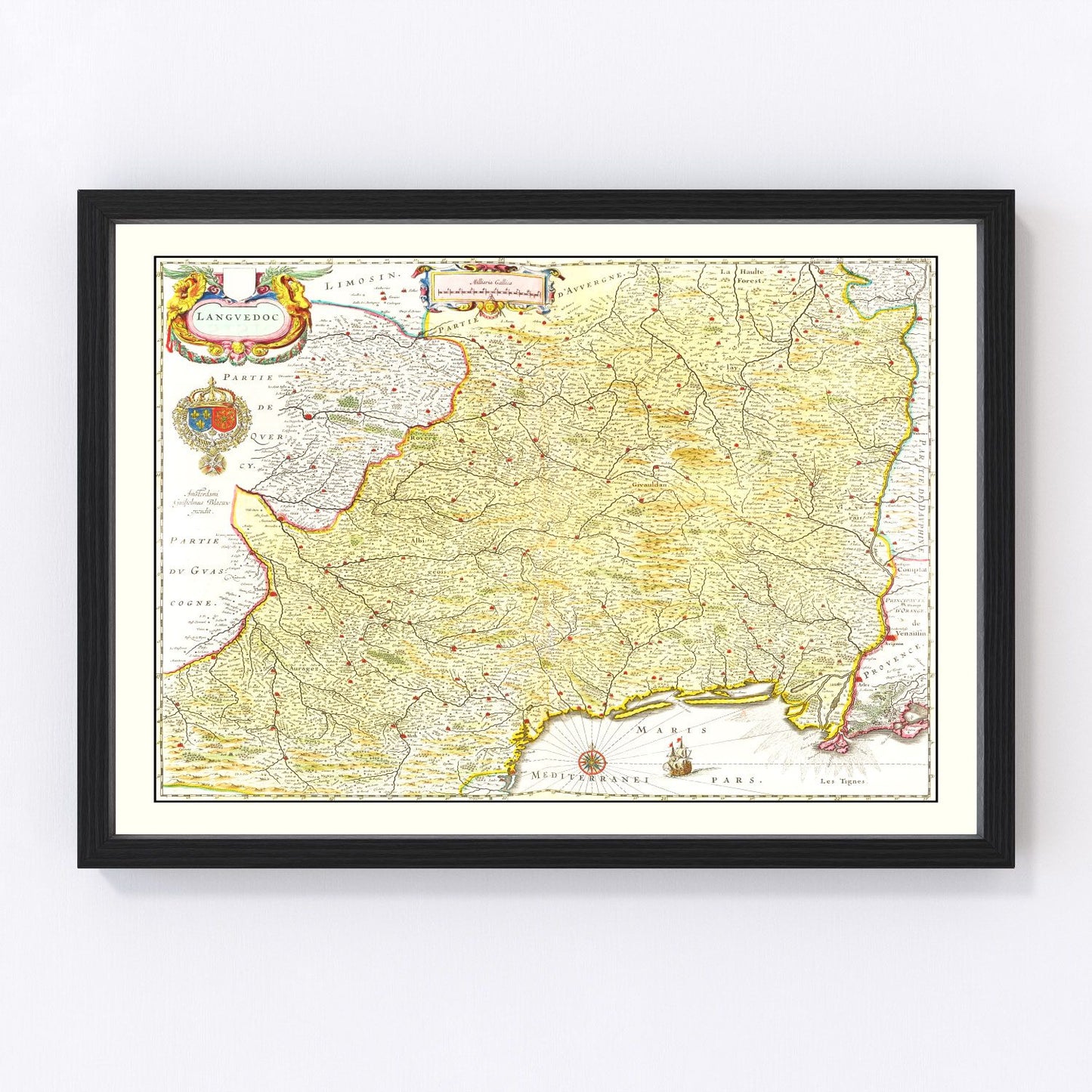 Vintage Map of Languedoc, France 1665 — Antique 17th Century Southern France Print