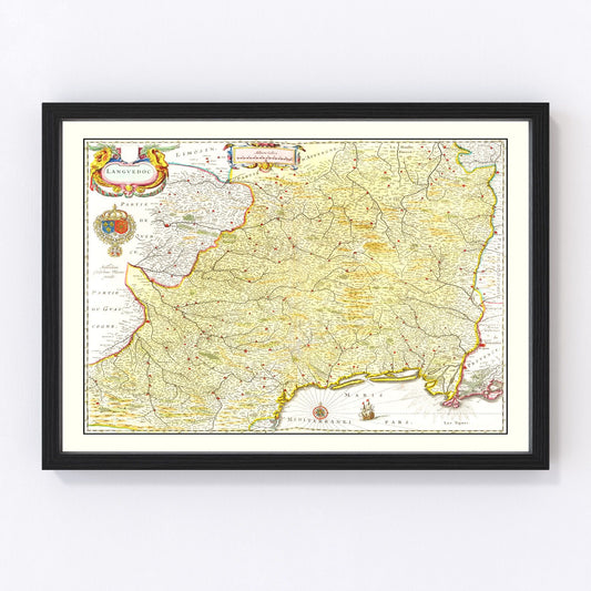 Vintage Map of Languedoc, France 1665 — Antique 17th Century Southern France Print