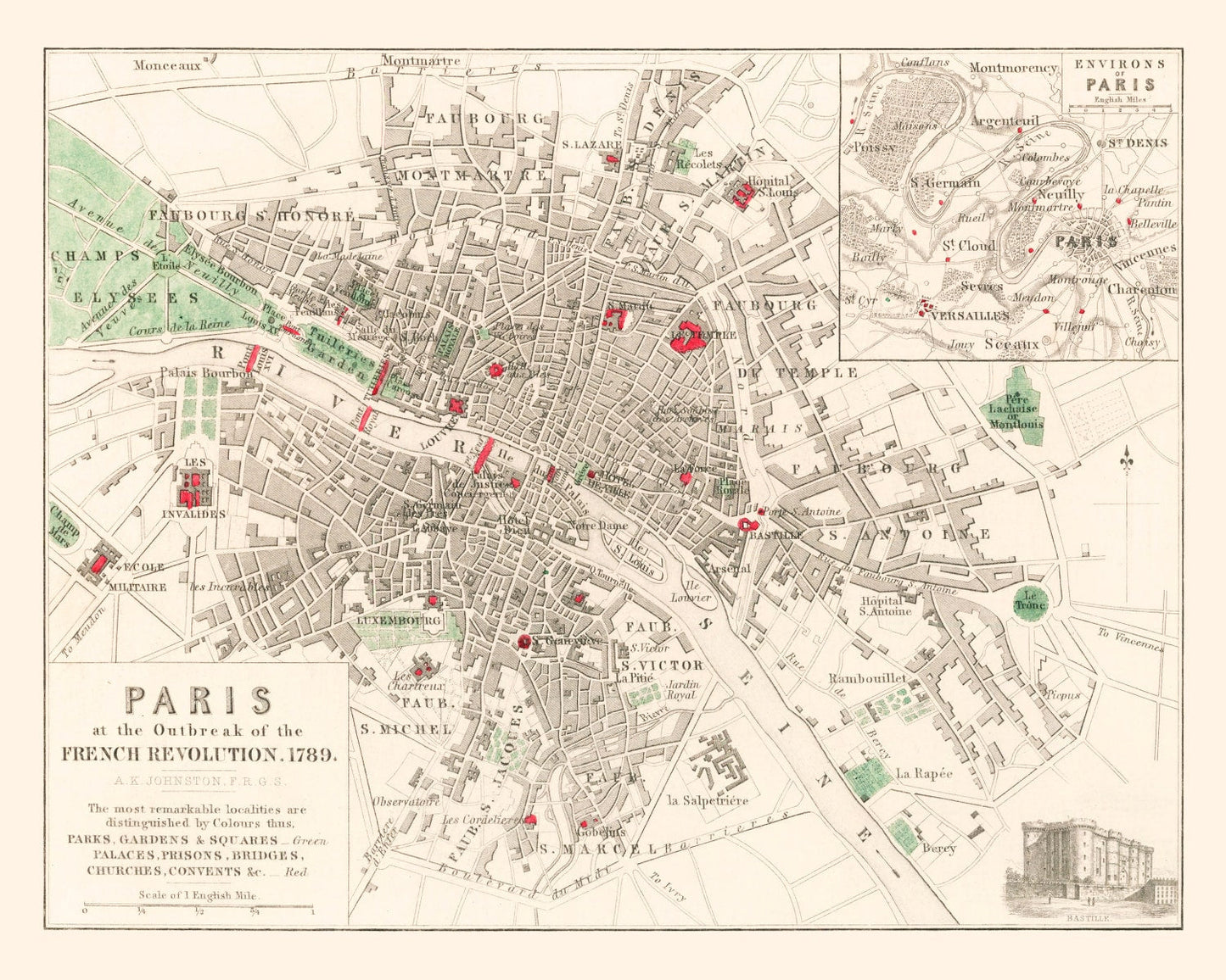 Vintage Paris French Revolution Map 1789 — Antique Historical France Print