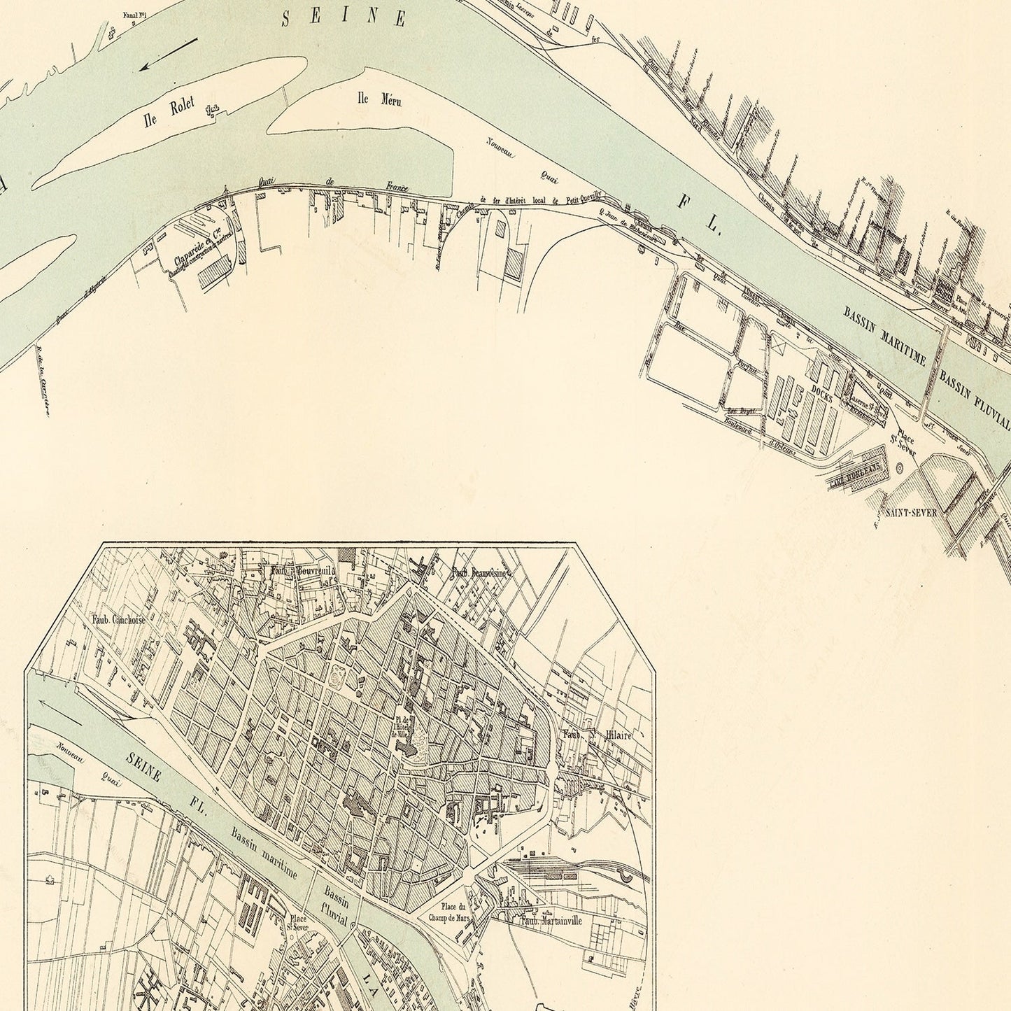 Vintage Map of Rouen, France 1886