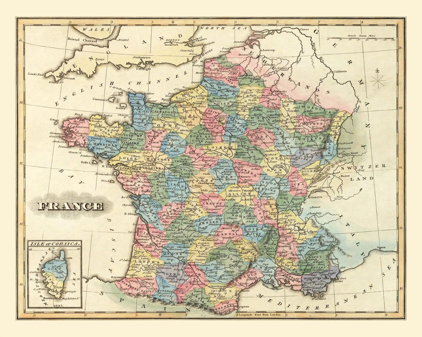 Vintage Map of France 1823 — Antique Post-Napoleonic Cartography Print