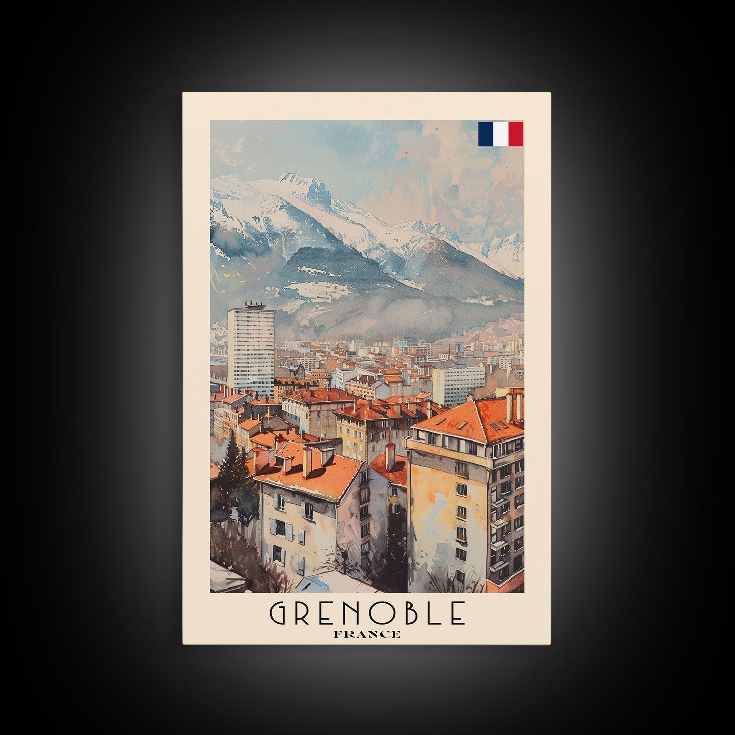 Grenoble France Mountain View Art, Framed Canvas Print