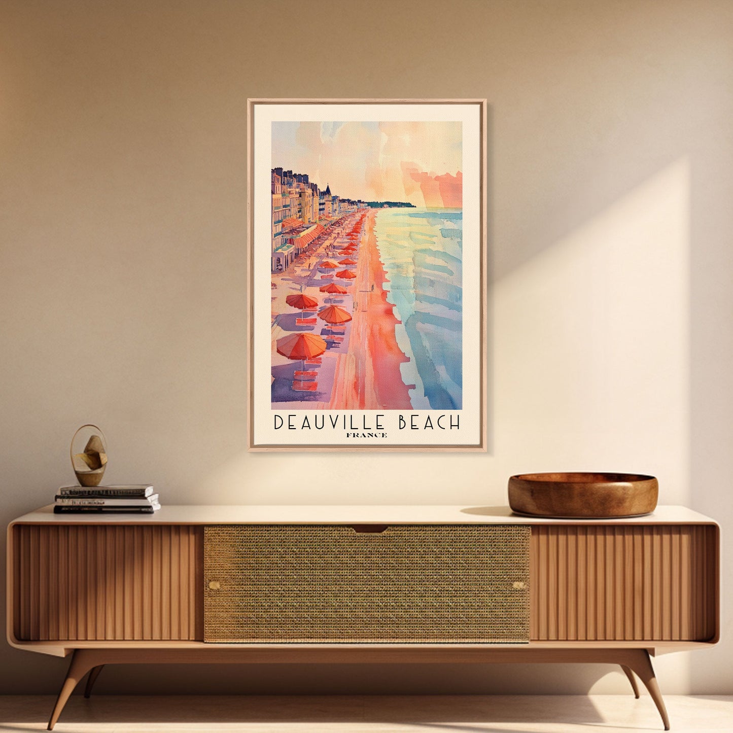 Deauville Beach, France Travel Poster Framed Canvas Print