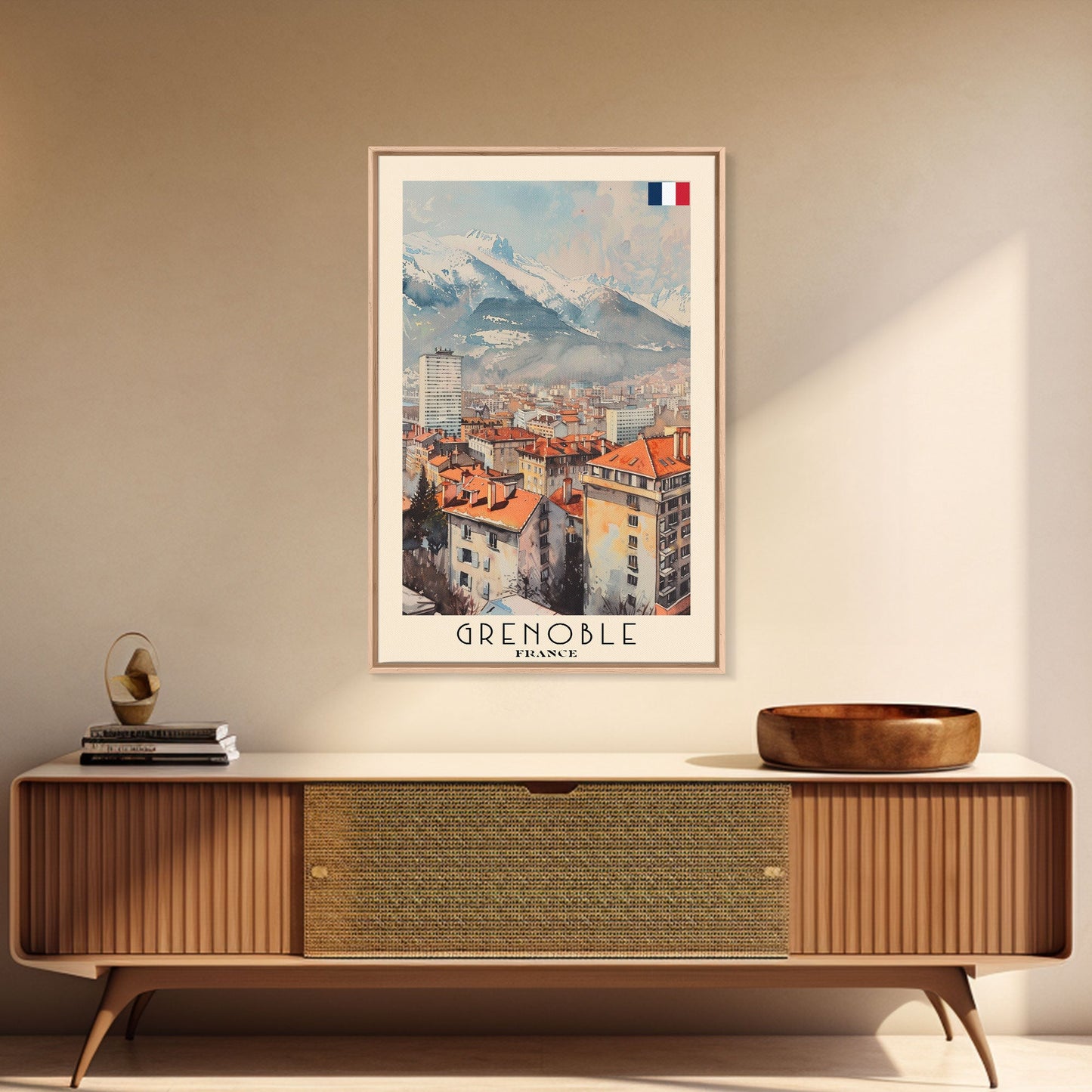 Grenoble France Mountain View Art, Framed Canvas Print