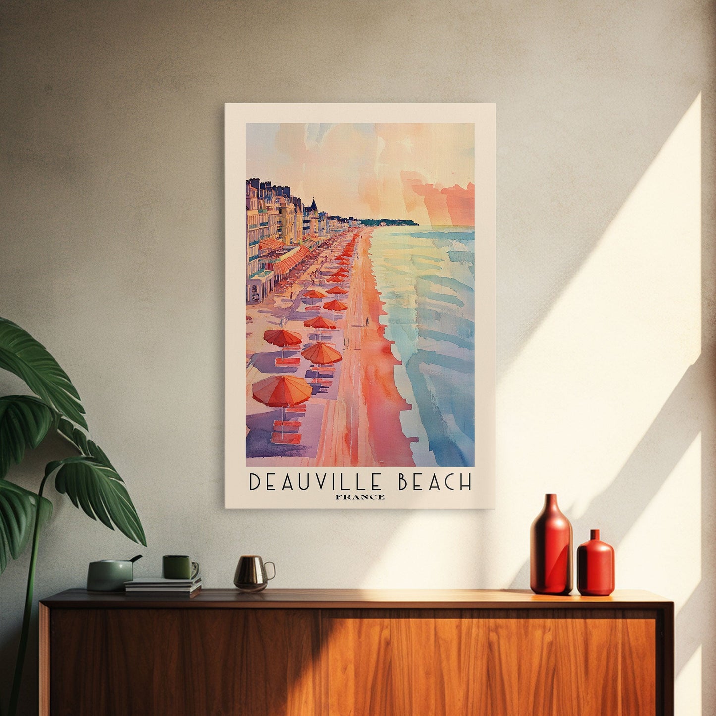 Deauville Beach, France Travel Poster Framed Canvas Print