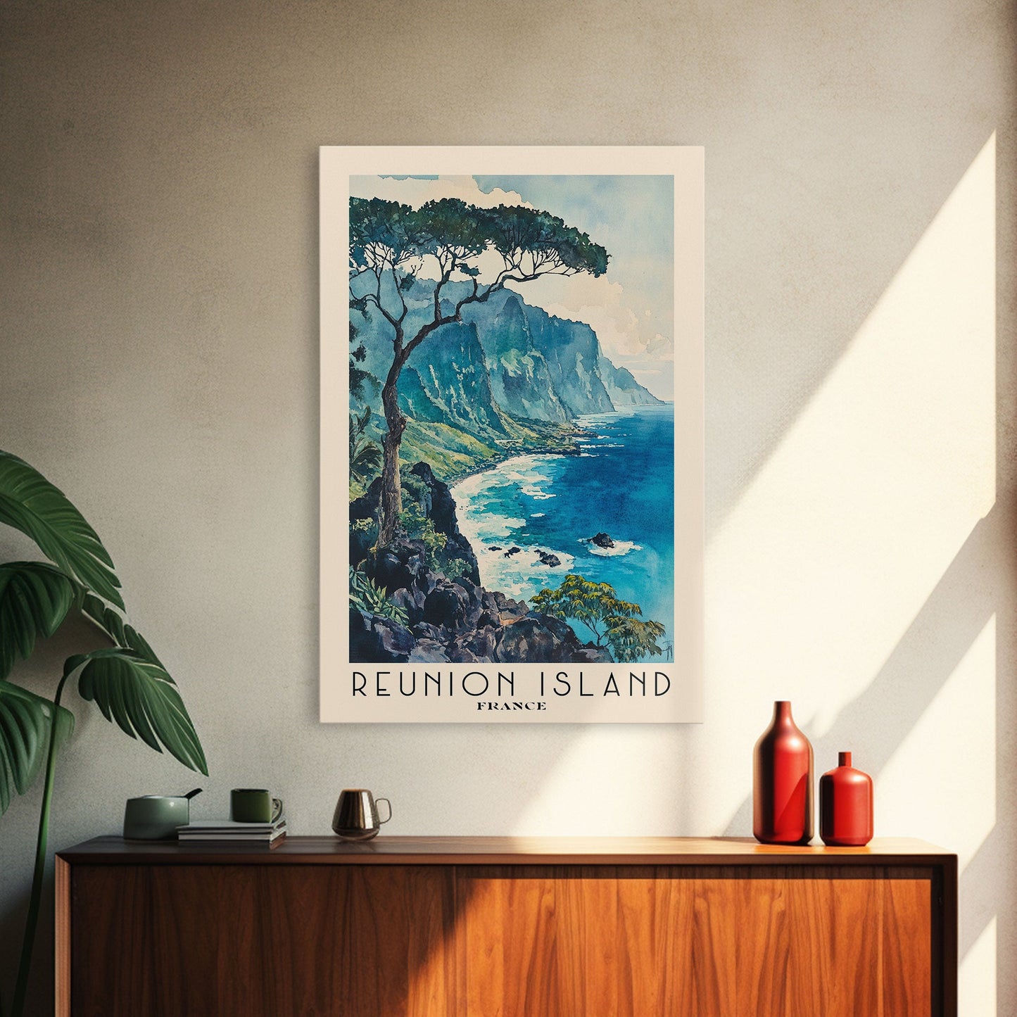 Reunion Island, France Travel Poster Framed Canvas Print