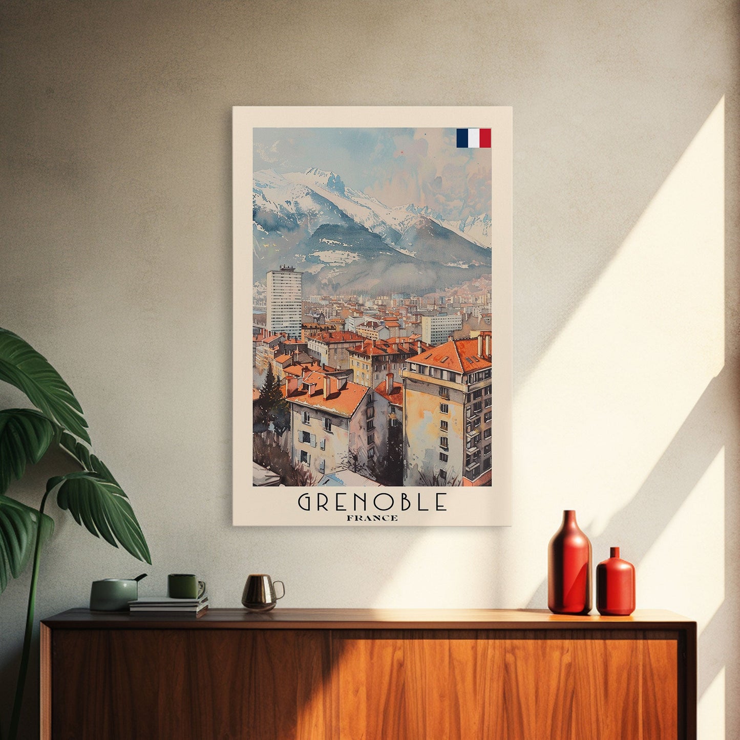 Grenoble France Mountain View Art, Framed Canvas Print