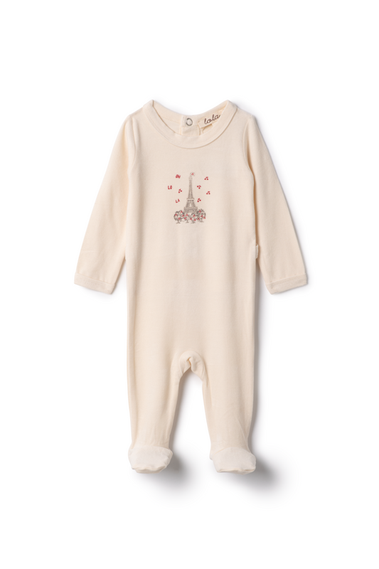 Eiffel Tower Print Baby Onesie in Cream | French-Inspired Bodysuit