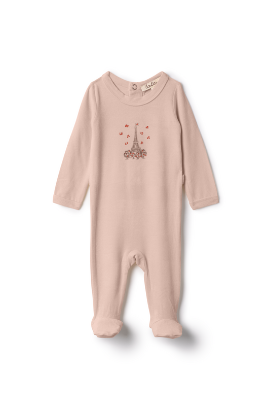 Eiffel Tower Print Baby Onesie in Pale Pink | French-Inspired Bodysuit